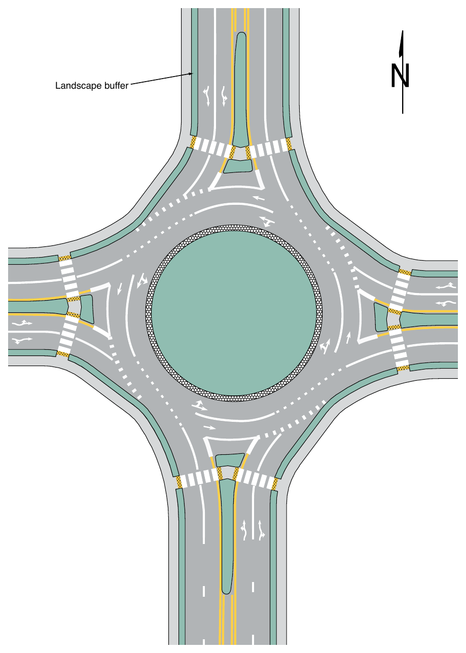 Figure 3D-5. Example of Markings for a Two-Lane Roundabout with Two-Lane Exits