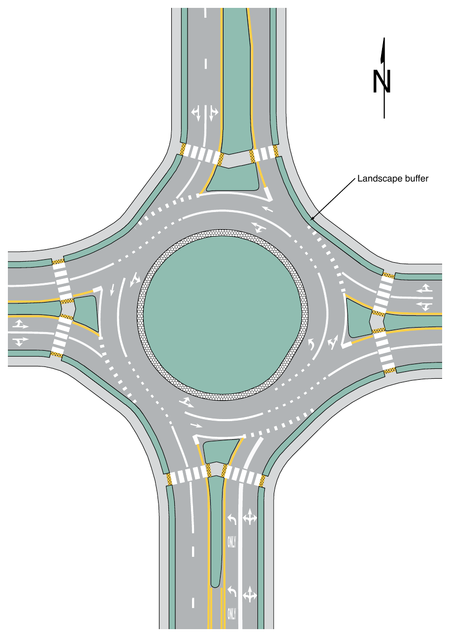 Figure 3D-6. Example of Markings for a Two-Lane Roundabout with a Double Left Turn