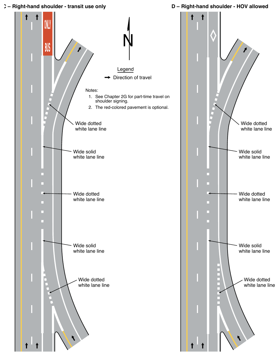 Figure 3E-5. Markings for Part-Time Travel on Shoulder and Application of Pavement Word Markings (Sheet 2 of 3)