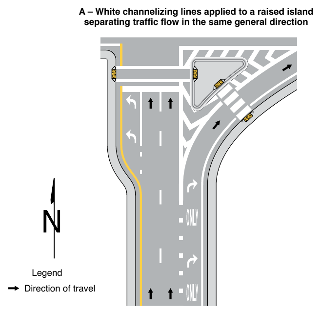 Figure 3J-4. Examples of Pavement Markings for Raised Islands (Sheet 1 of 2)