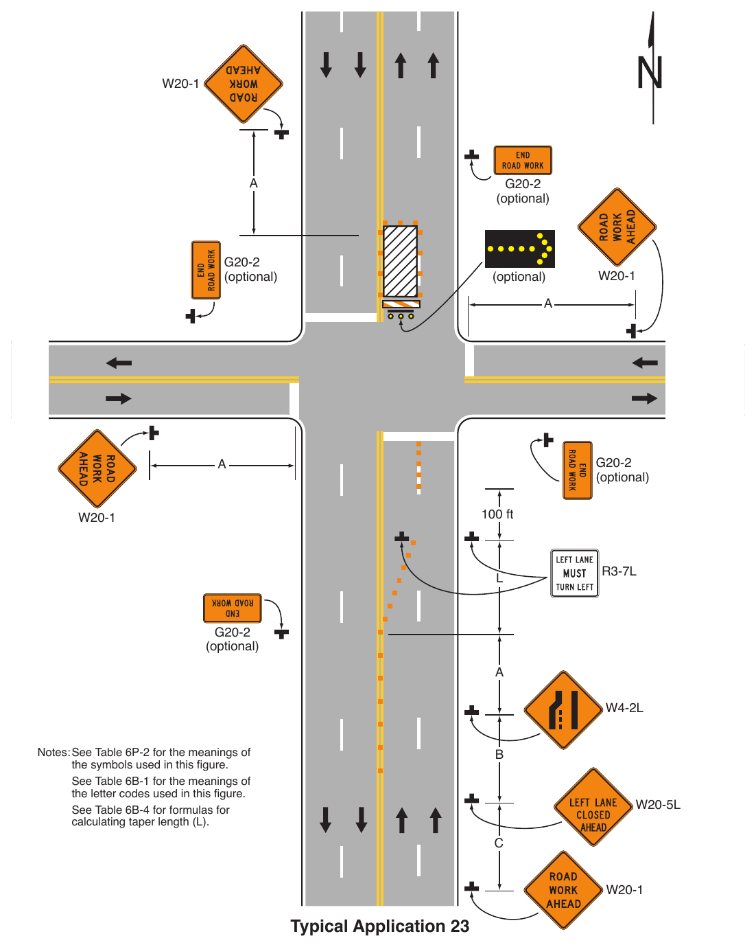 Figure 6P-23. Left-Hand Lane Closure on the Far Side of an Intersection (TA-23)