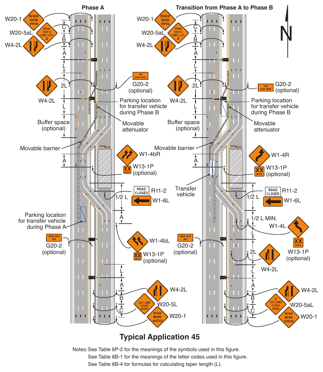 Figure 6P-45. Temporary Reversible Lane Using Movable Barriers (TA-45)