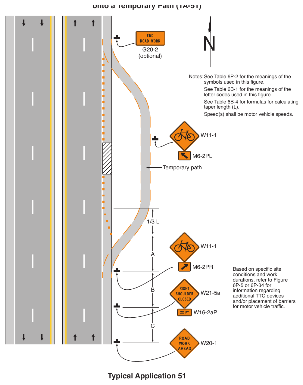 Figure 6P-51. Paved Shoulder Closure with a Bicycle Diversion onto a Temporary Path (TA-51)