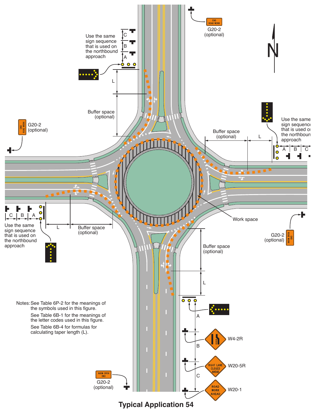 Figure 6P-54. Inside Lane Closure on a Multi-Lane Circular Intersection (TA-54)