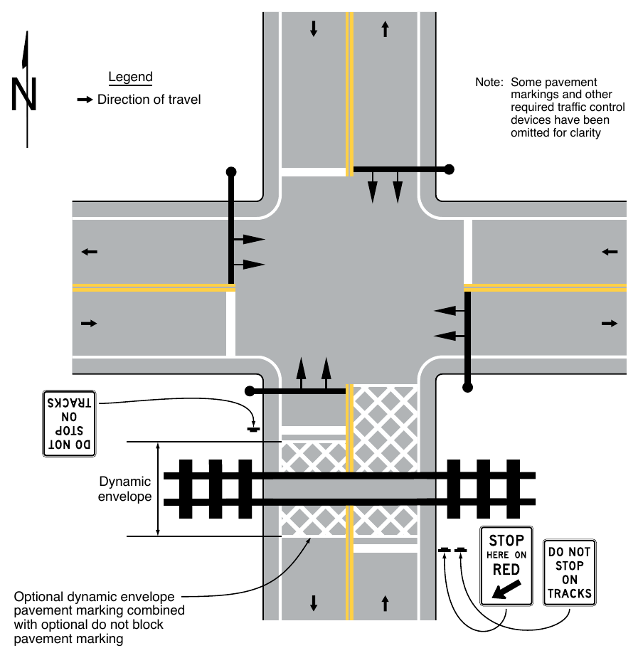 Figure 8C-4. Example of Dynamic Envelope and Do Not Block Pavement Markings at Grade Crossings