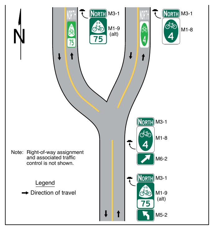 Figure 9E-15. Example of Placement of Route Markers for Shared-Use Paths