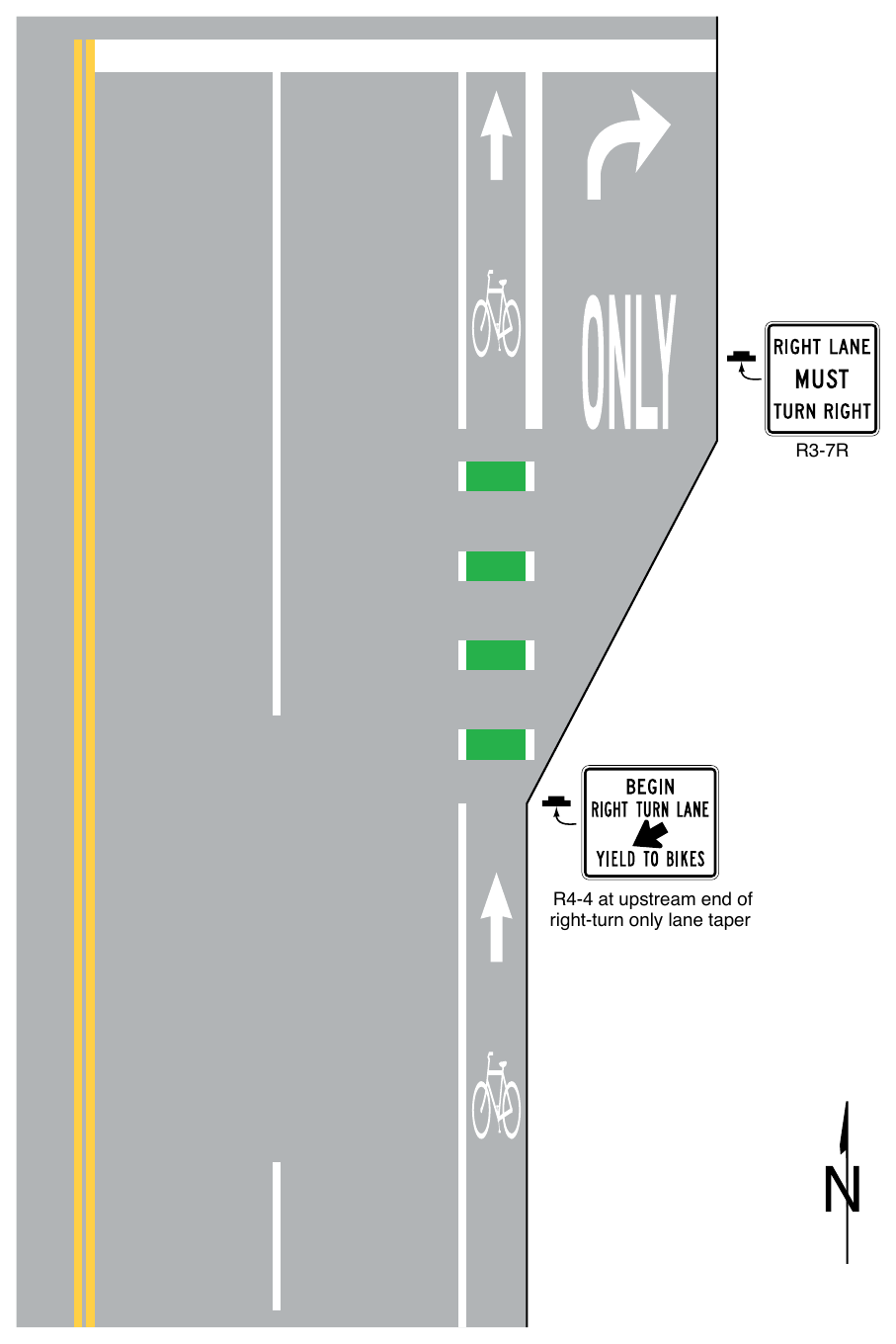 Figure 9E-3. Examples of Bicycle Lane Markings on an Approach to an Intersection (Sheet 1 of 3)
