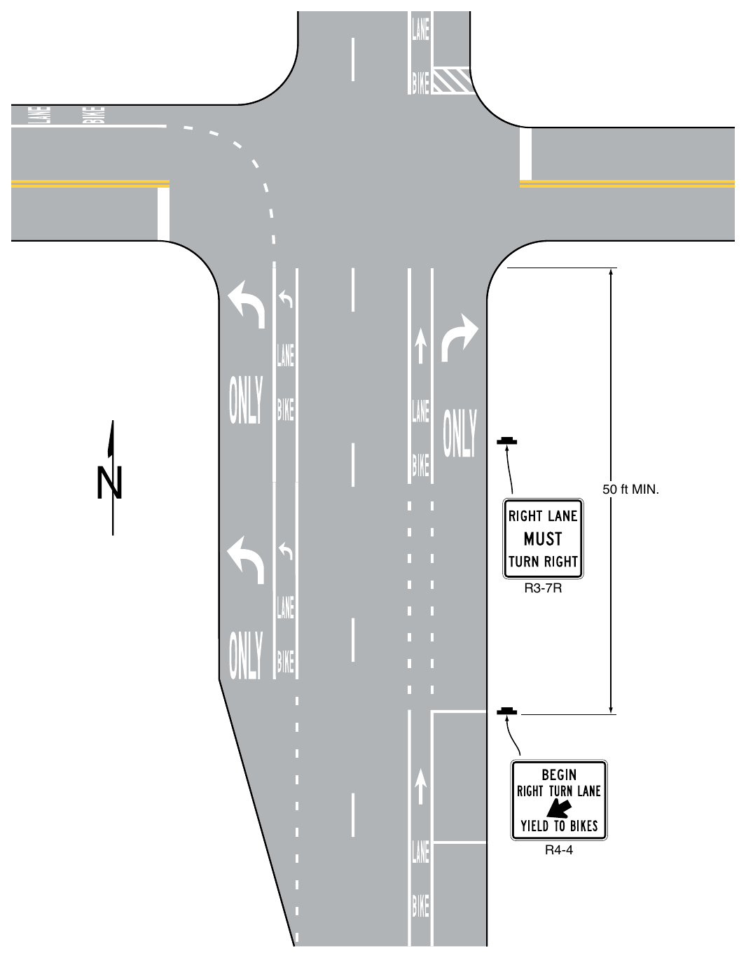 Figure 9E-3. Examples of Bicycle Lane Markings on an Approach to an Intersection (Sheet 3 of 3)