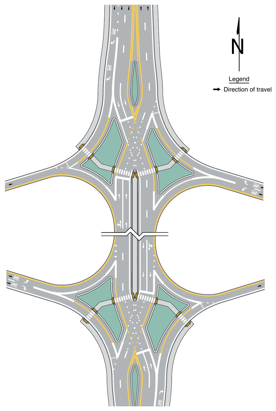 Figure 3B-29. Example of Pavement Markings for a Diamond Interchange with a Transposed Alignment Crossroad