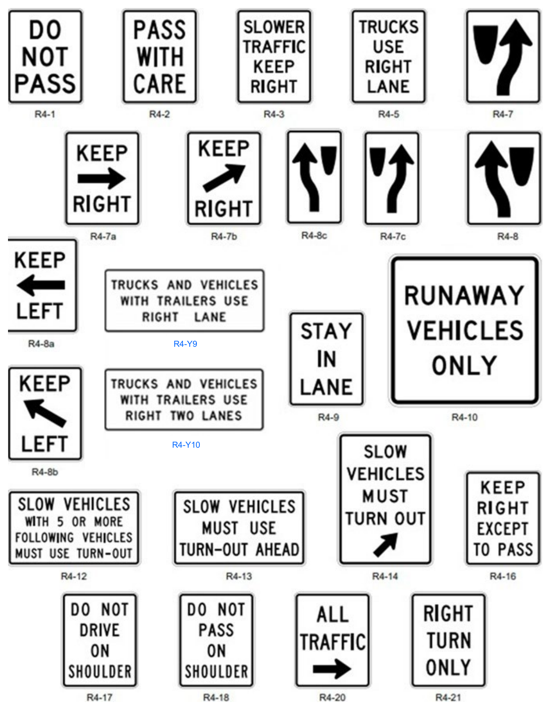 Figure 2B-10. Passing, Keep Right, and Slow Traffic Signs