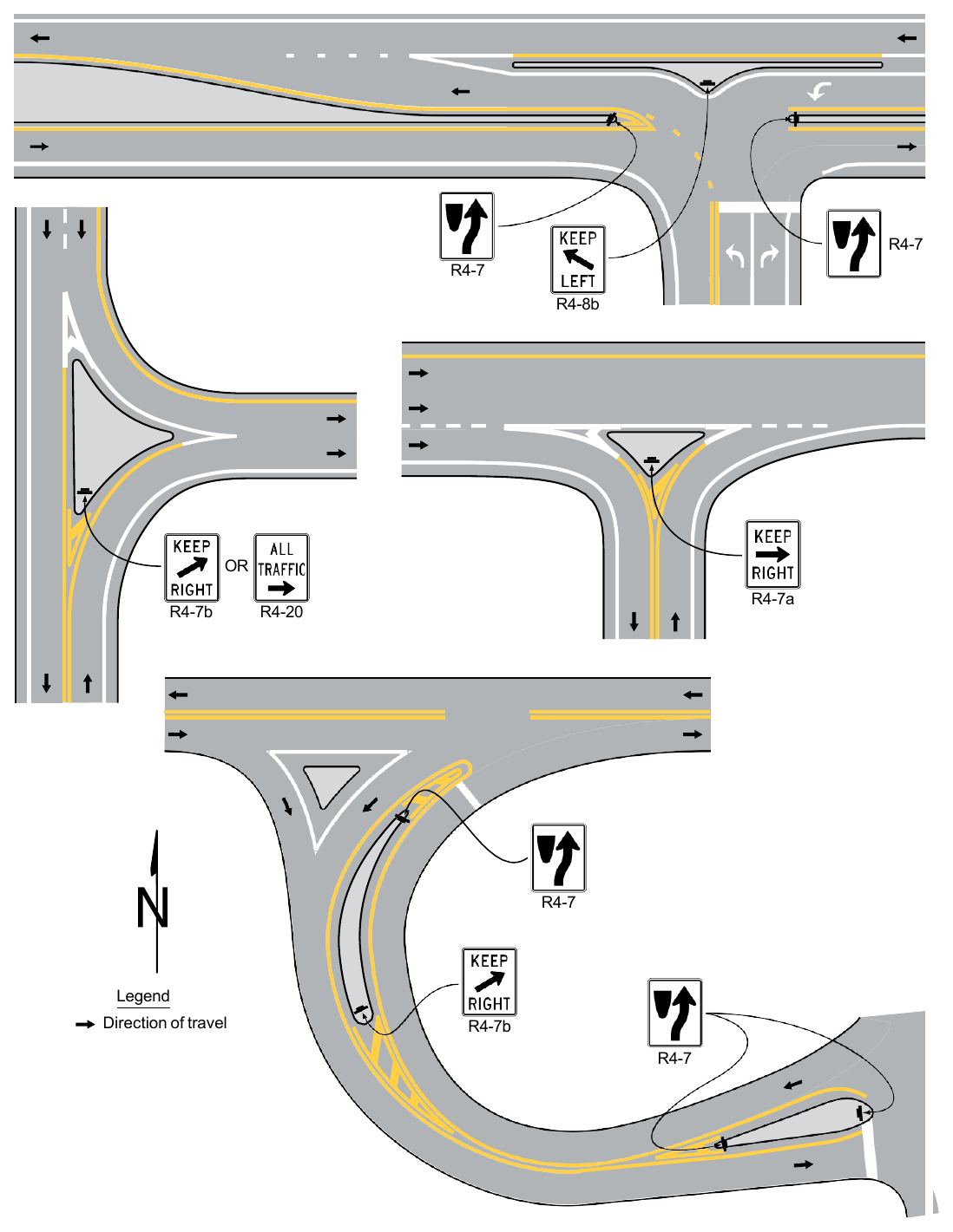 Figure 2B-11. Examples of Keep Right and Keep Left Sign Placement