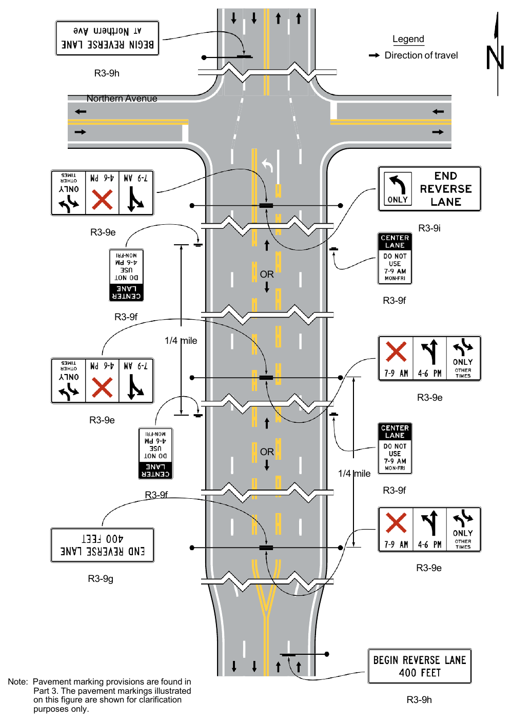 Figure 2B-7. Location of Reversible Two-Way Left-Turn Signs