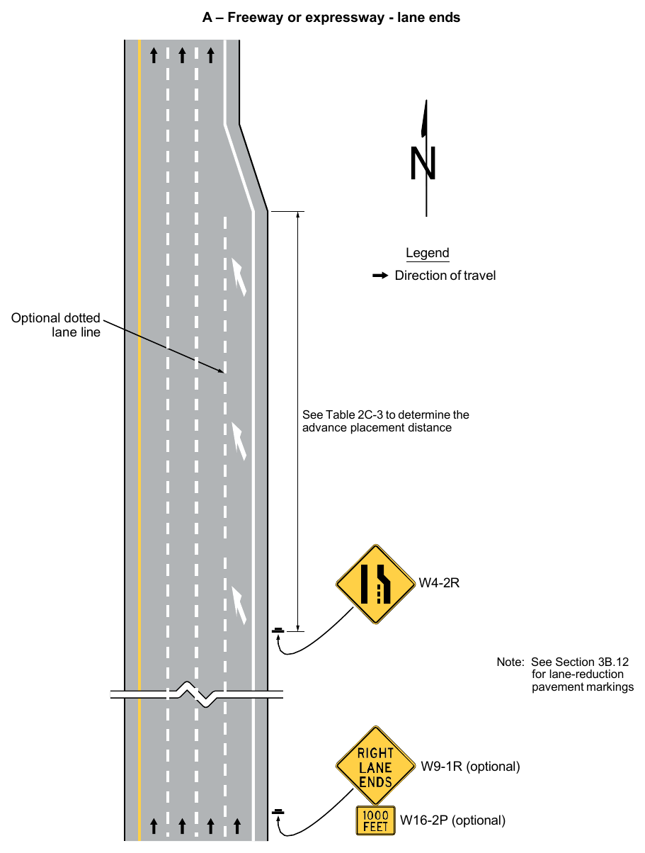 Figure 2C-13. Example Sequences for Lane Ends and Lane Merge Signs (Sheet 1 of 5)