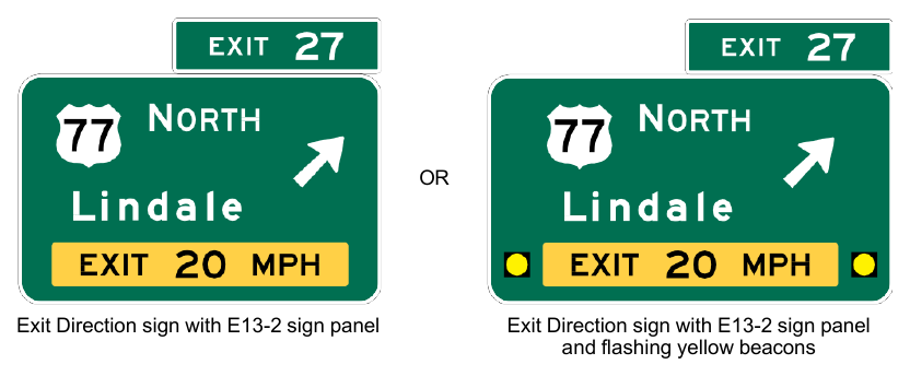 Figure 2E-14. Examples of Exit Direction Signs with Advisory Speed Panels and Flashing Yellow Beacons