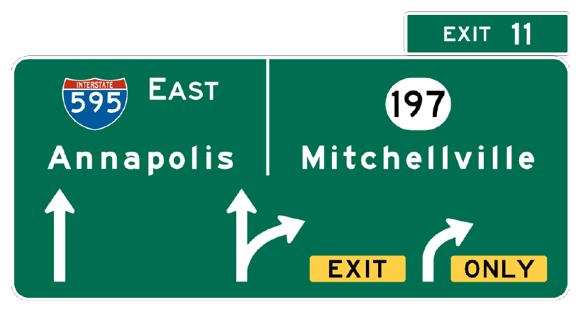 Figure 2E-35. Example of an Overhead Arrow-per-Lane Guide Sign for a Multi-Lane Exit with an Option Lane