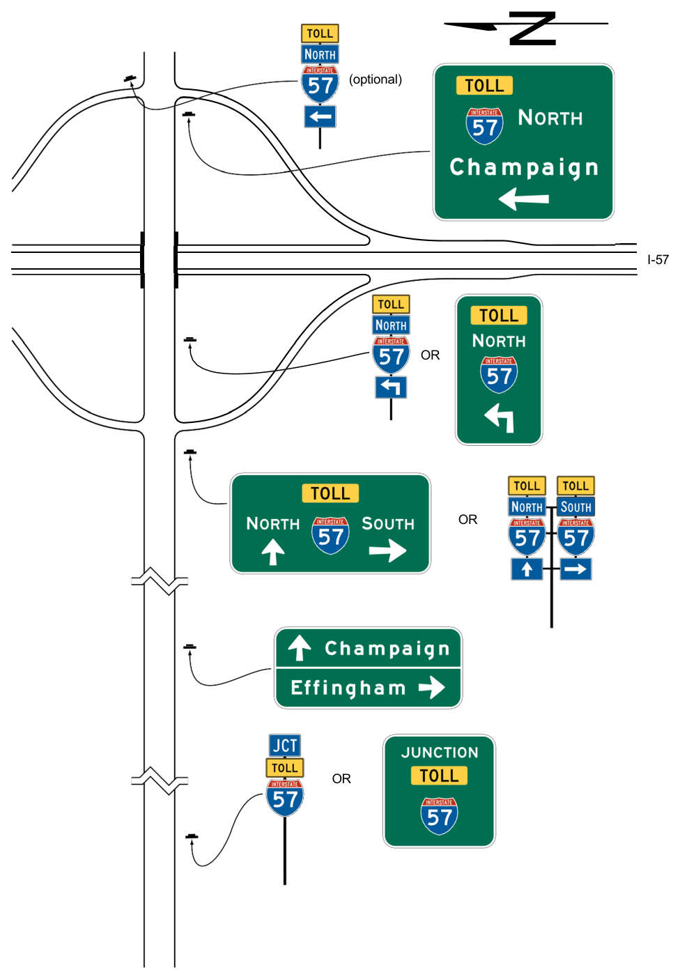 Figure 2F-6. Example of Interchange Crossroad Signing for a One-Lane Approach to a Toll Highway