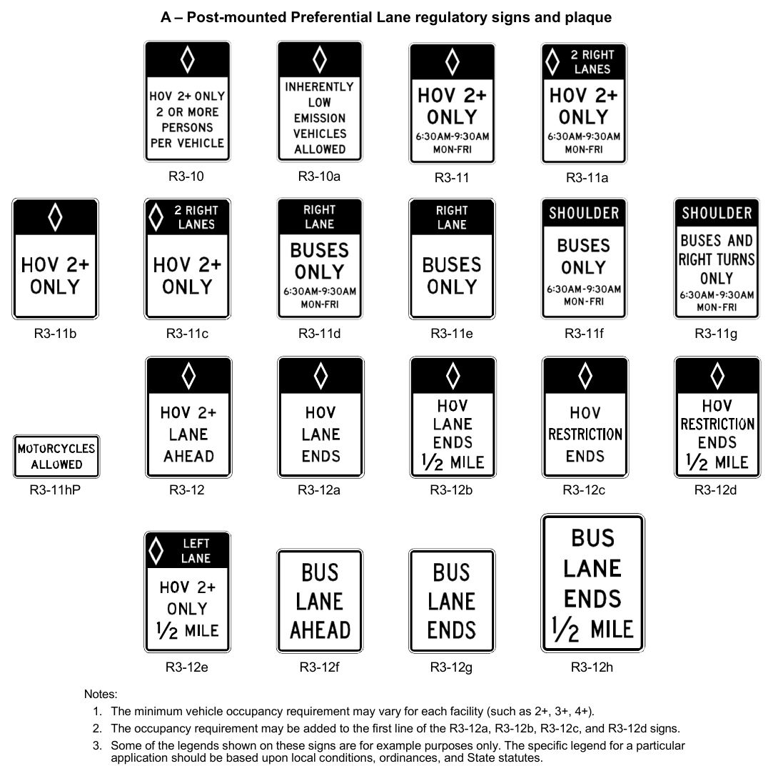 Figure 2G-1. Preferential Lane Regulatory Signs and Plaque (Sheet 1 of 2)