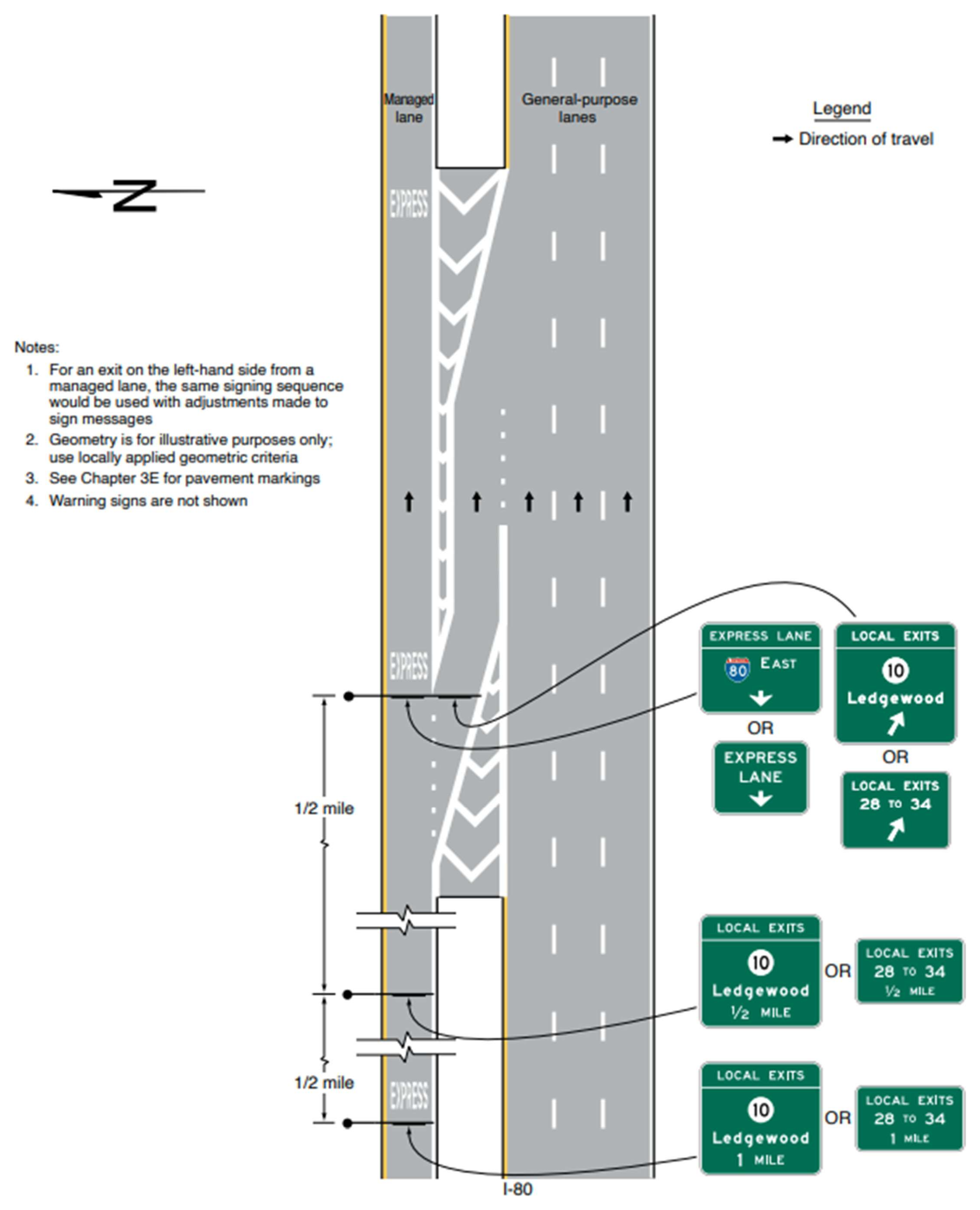 Figure 2G-27. Examples of Guide Signs for an Intermediate Egress from a Barrier-Separated or Buffer-Separated Managed Lane