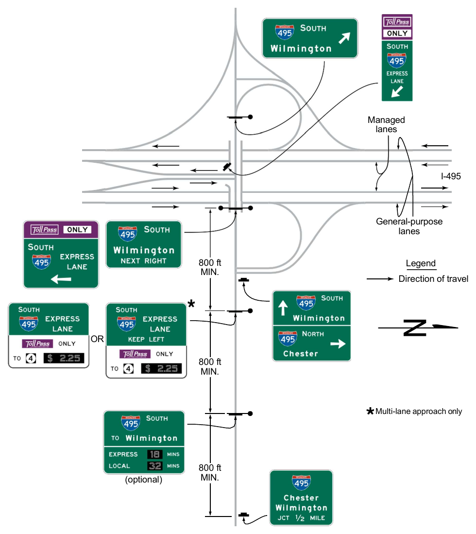 Figure 2G-31. Examples of Guide Signs for Separate Entrance Ramps to General-Purpose and Priced Managed Lanes from the Same Crossroad