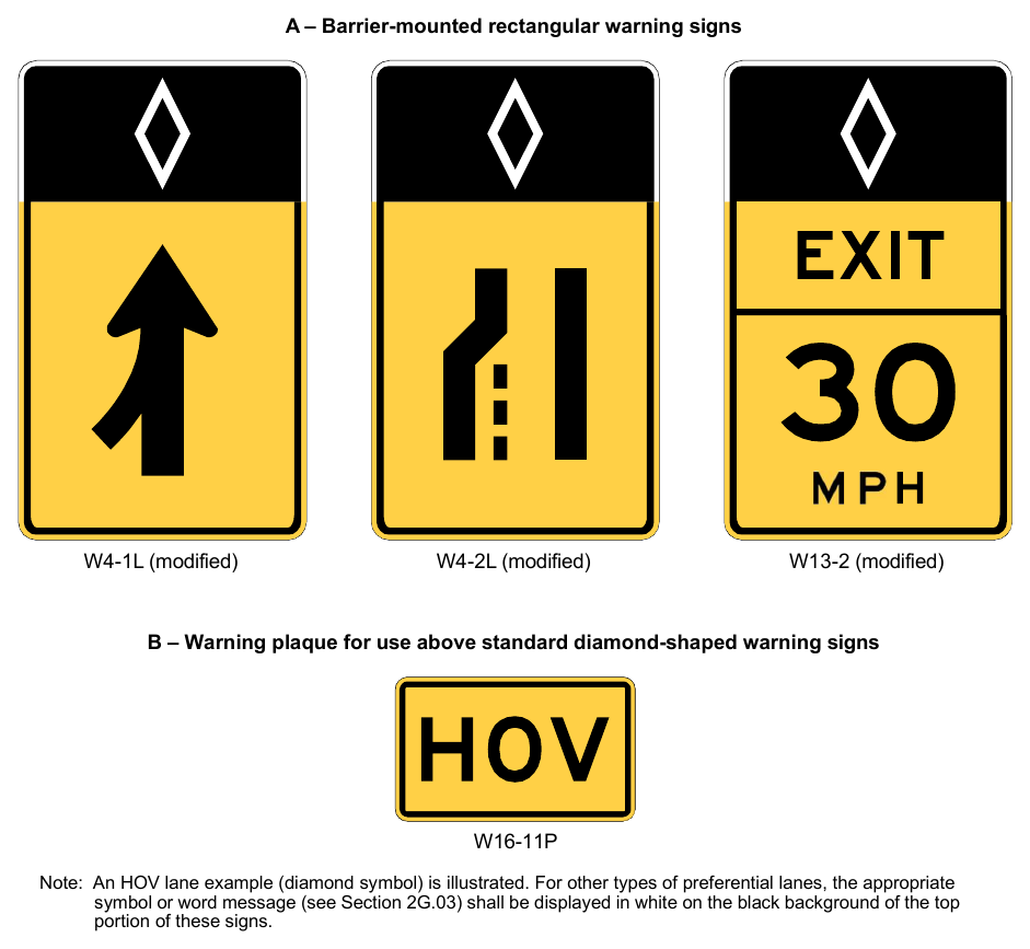 Figure 2G-4. Examples of Warning Signs and Plaques Applicable Only to Preferential Lanes