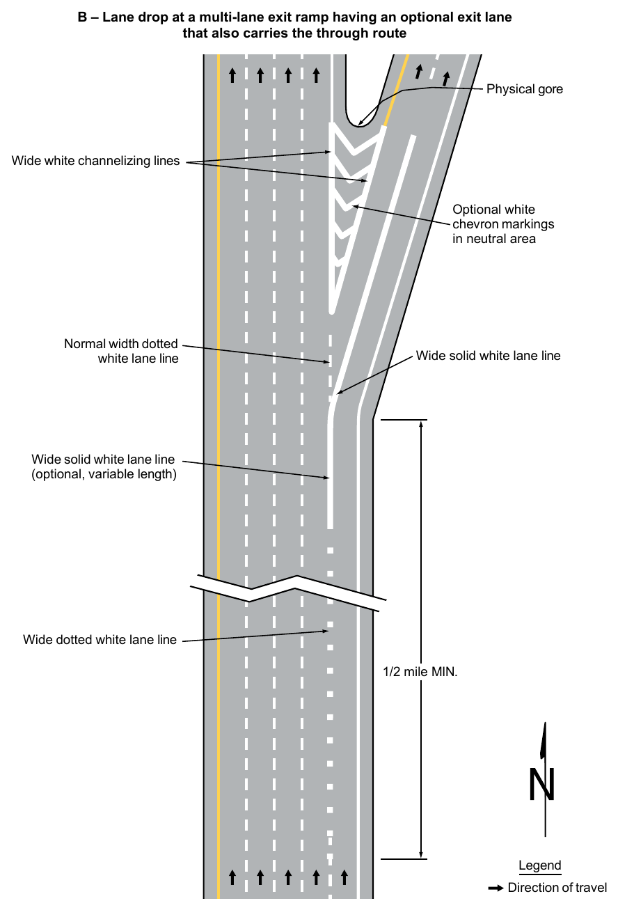 Figure 3B-11. Examples of Applications of Freeway and Expressway Lane-Drop Markings (Sheet 2 of 6)