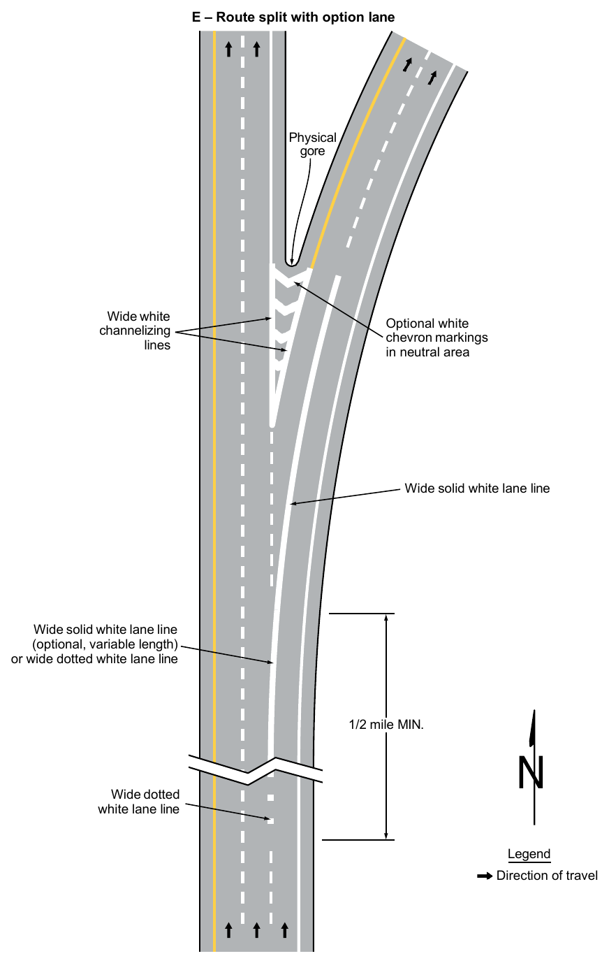 Figure 3B-11. Examples of Applications of Freeway and Expressway Lane-Drop Markings (Sheet 5 of 6)
