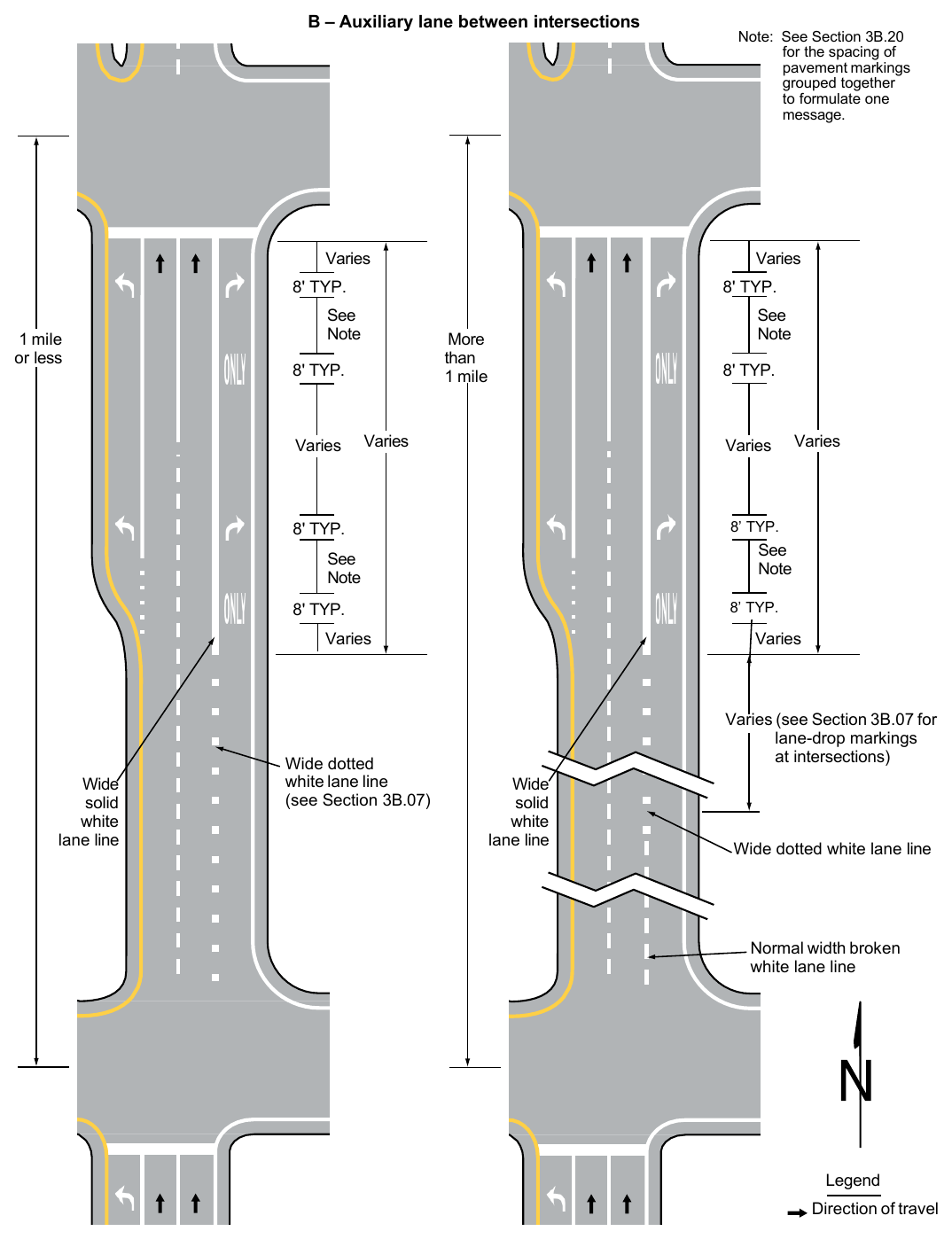 Figure 3B-12. Examples of Applications of Conventional Road Lane-Drop Markings (Sheet 2 of 2)