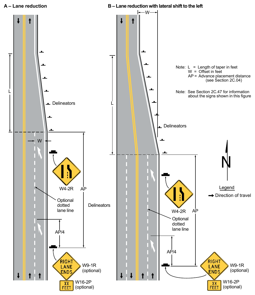 Figure 3B-14. Examples of Applications of Lane-Reduction Transition Markings