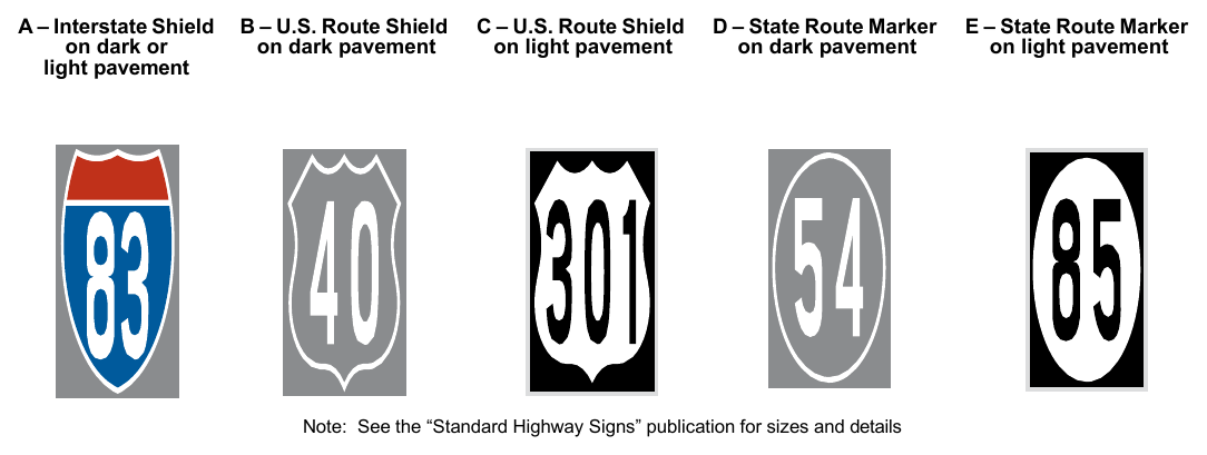 Figure 3B-18. Examples of Elongated Route Shields and Markers Applied as Pavement Markings