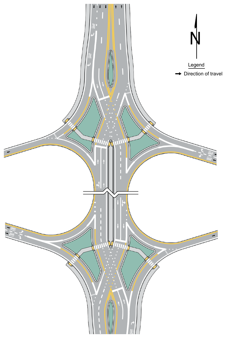 Figure 3B-29. Example of Pavement Markings for a Diamond Interchange with a Transposed Alignment Crossroad