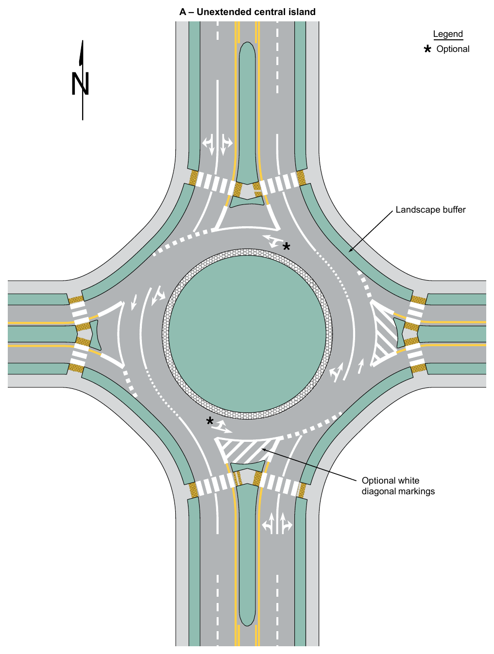 Figure 3D-3. Example of Markings for a Two-Lane Roundabout with One-Lane and Two-Lane Approaches (Sheet 1 of 2)