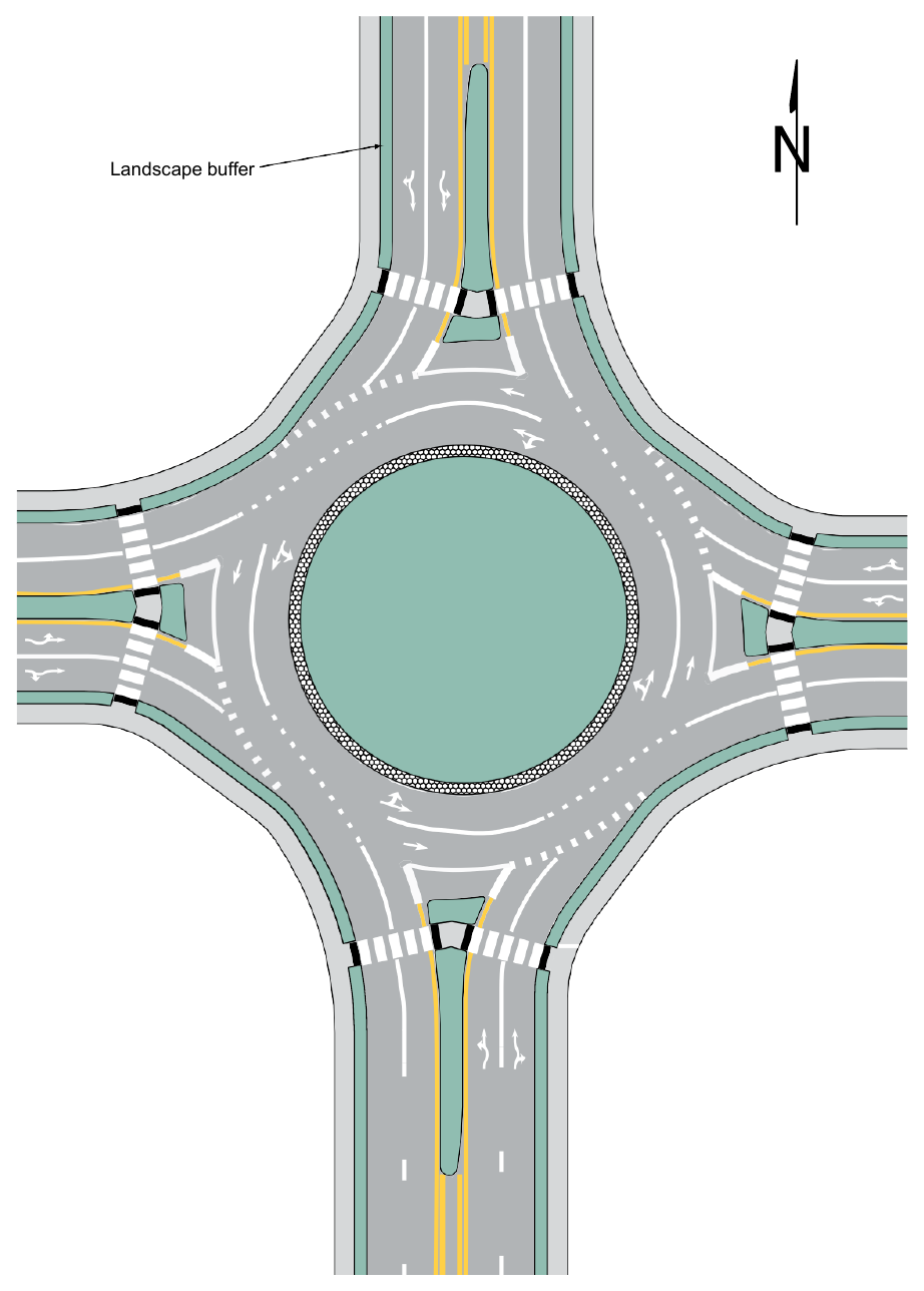 Figure 3D-5. Example of Markings for a Two-Lane Roundabout with Two-Lane Exits