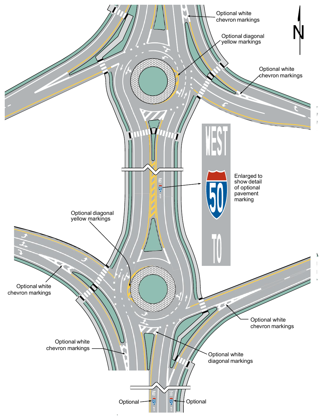 Figure 3D-8. Example of Markings for a Diamond Interchange with Two Circular-Shaped Roundabout Ramp Terminals