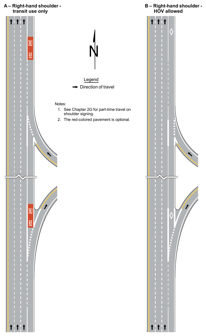 Figure 3E-5. Markings for Part-Time Travel on Shoulder and Application of Pavement Word Markings (Sheet 1 of 3)
