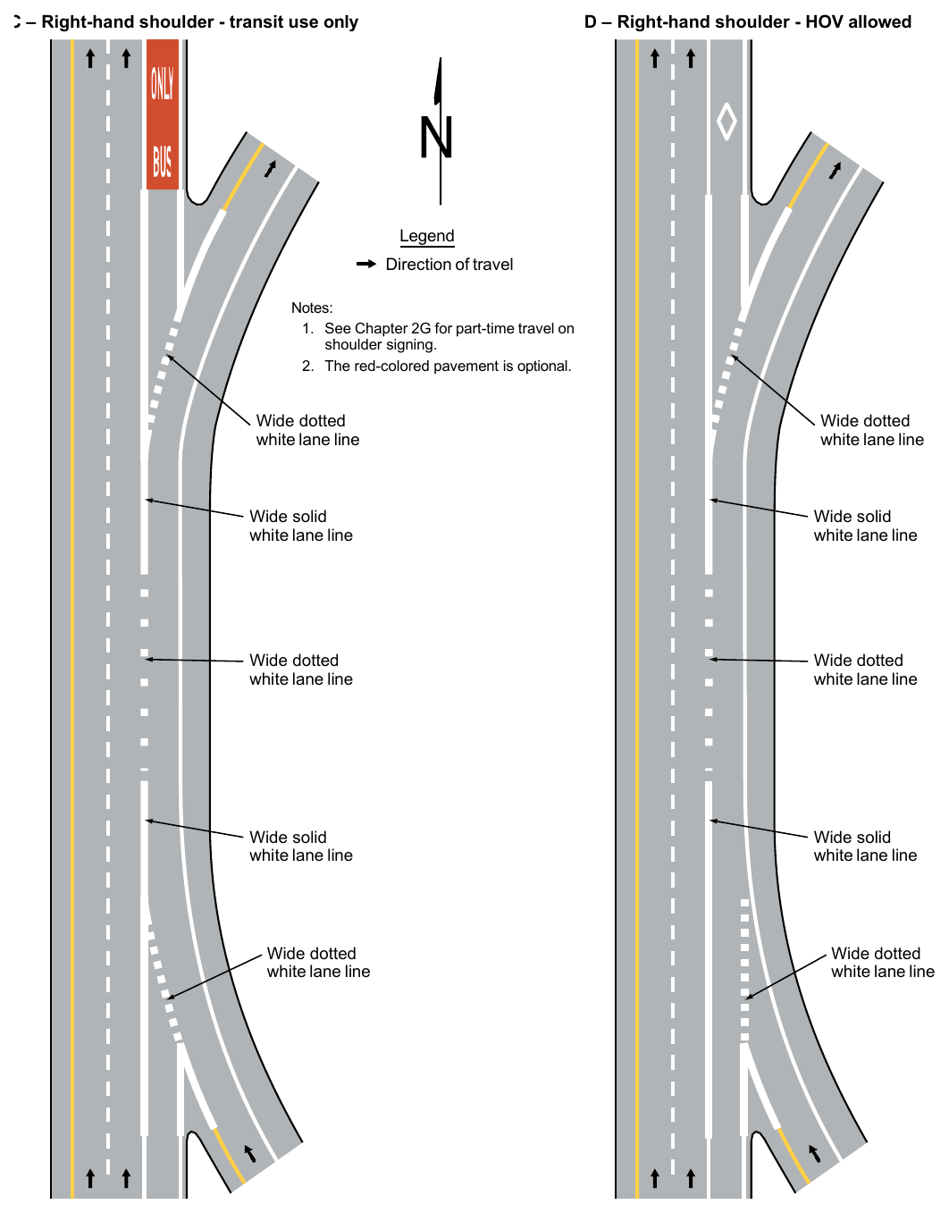 Figure 3E-5. Markings for Part-Time Travel on Shoulder and Application of Pavement Word Markings (Sheet 2 of 3)