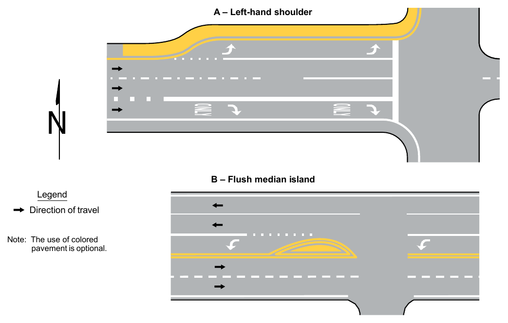 Figure 3H-2. Examples of Yellow-Colored Pavement Applications