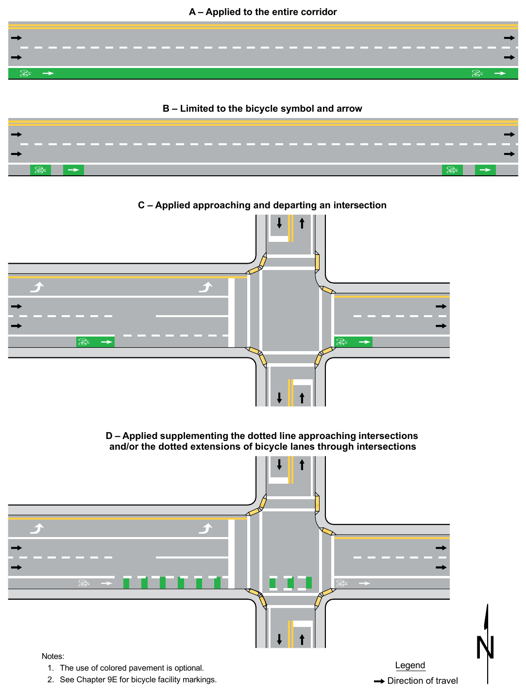 Figure 3H-4. Examples of Green-Colored Pavement Applications