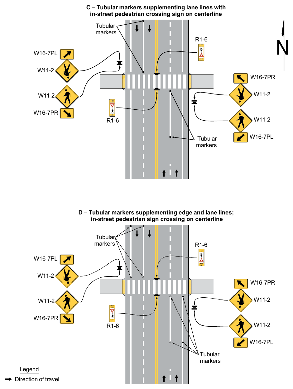 Figure 3I-1. Examples of Tubular Markers Supplementing Pavement Markings in Advance of an Unsignalized Crosswalk (Sheet 2 of 2)