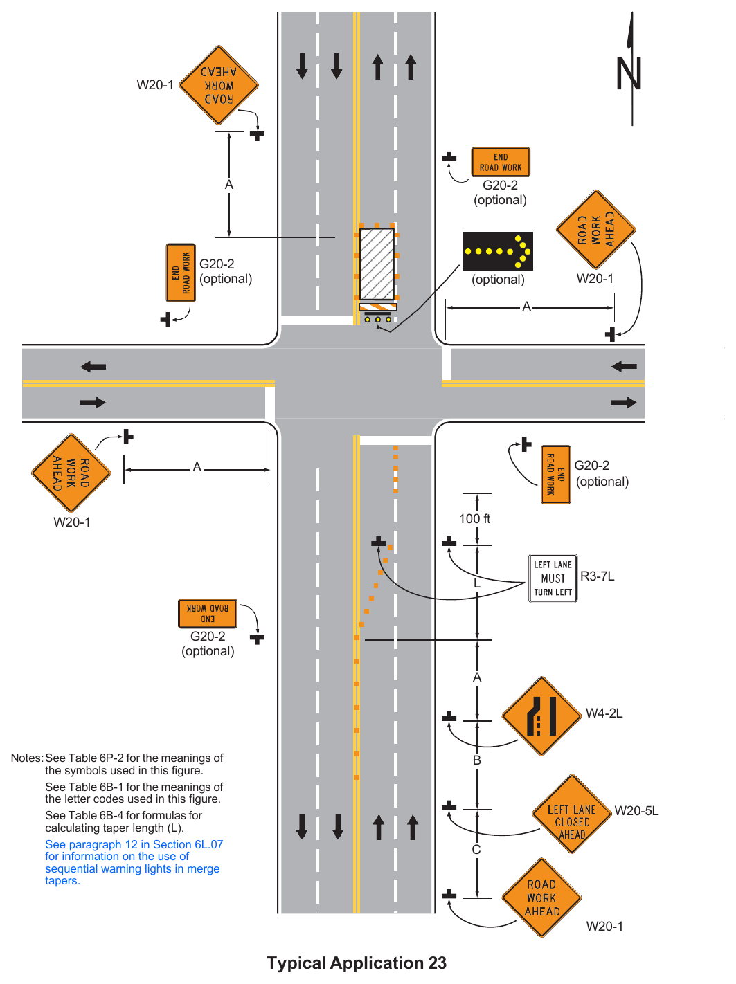 Figure 6P-23. Left-Hand Lane Closure on the Far Side of an Intersection (TA-23)
