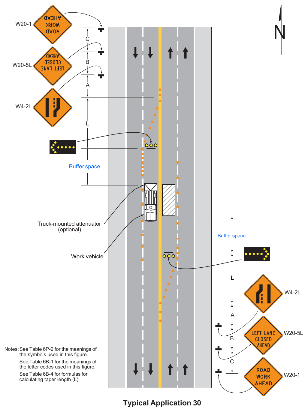 Figure 6P-30. Interior Lane Closure on a Multi-Lane Street (TA-30)