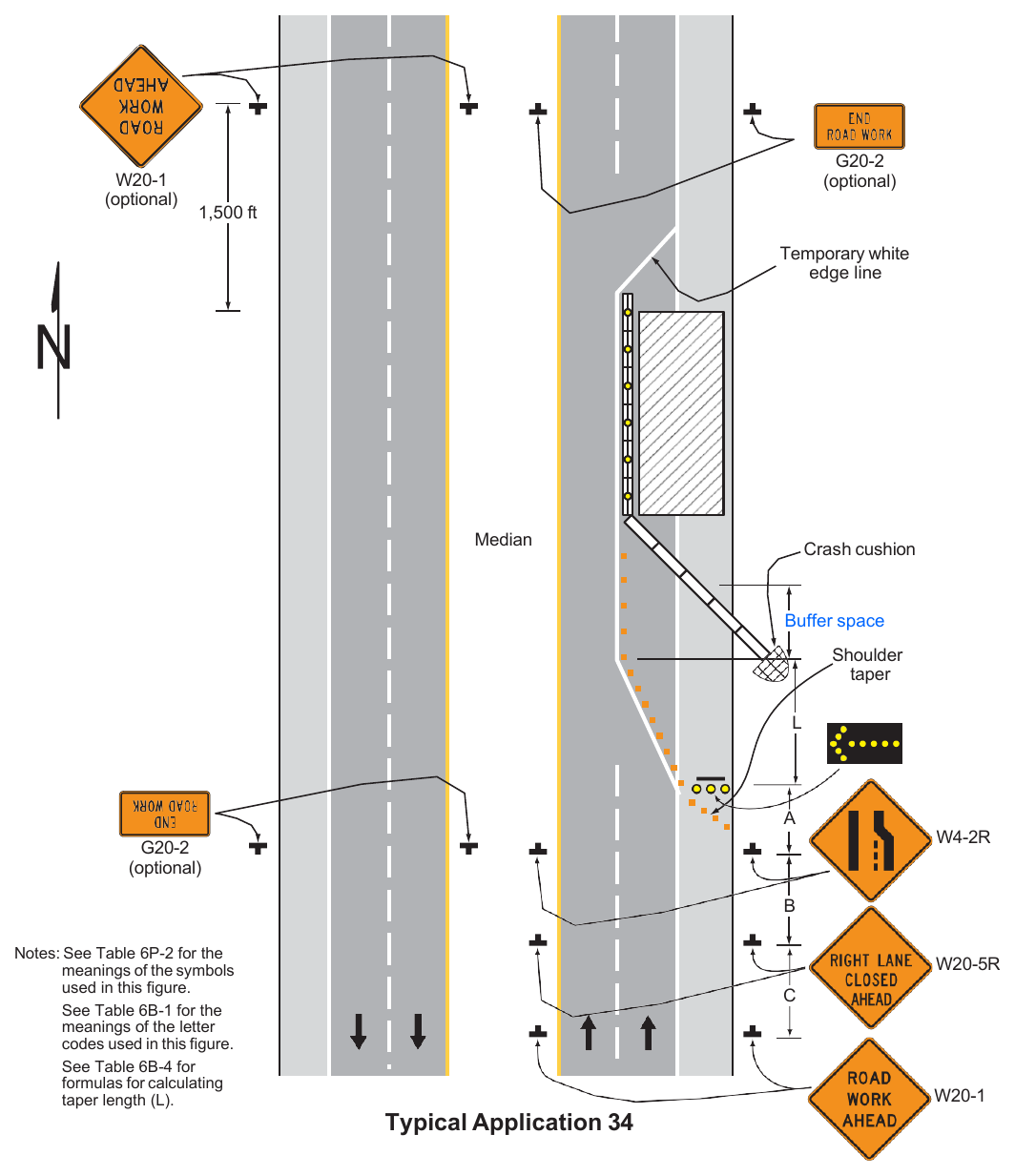 Figure 6P-34. Lane Closure with a Temporary Traffic Barrier (TA-34)