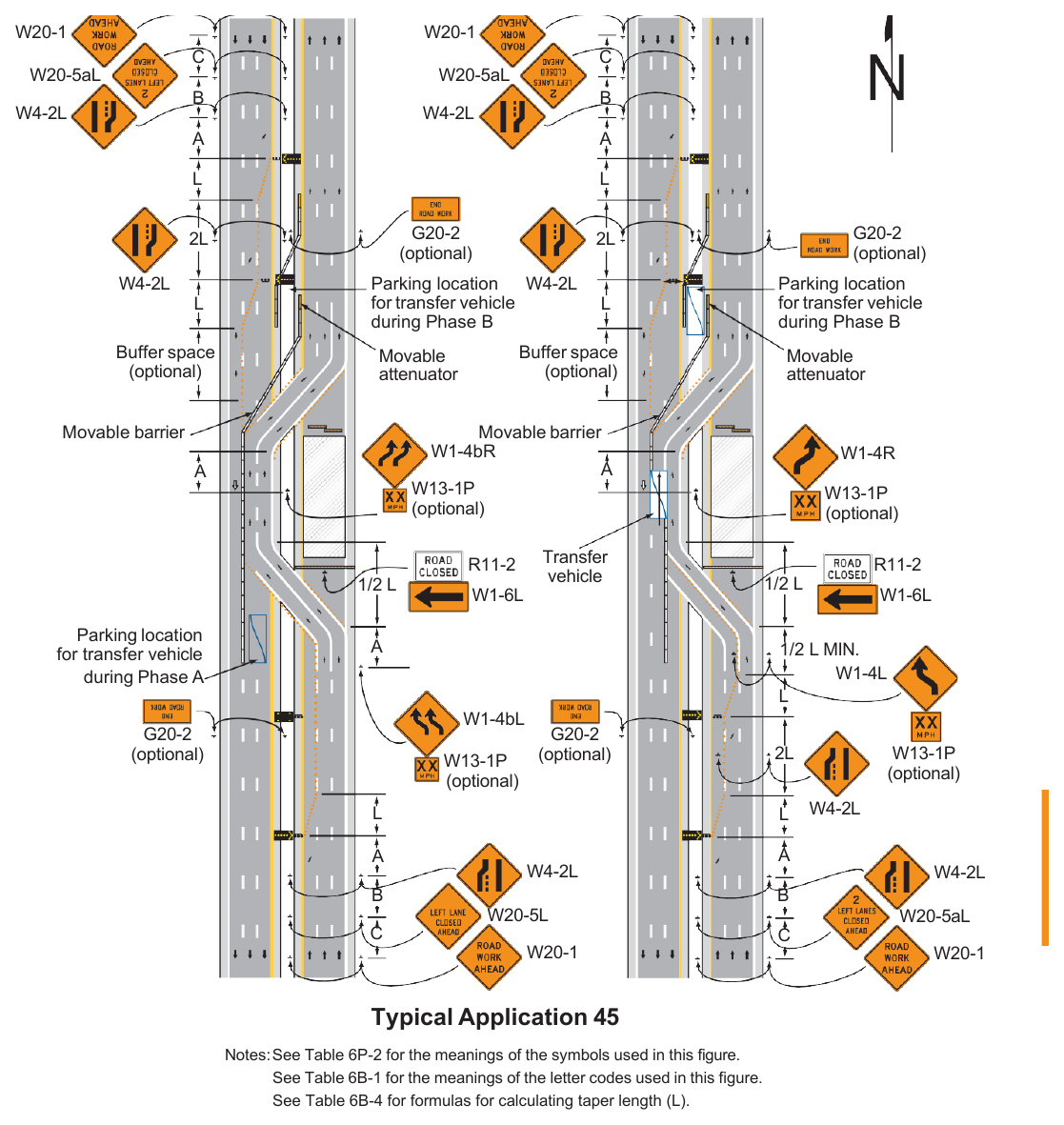 Figure 6P-45. Temporary Reversible Lane Using Movable Barriers (TA-45)