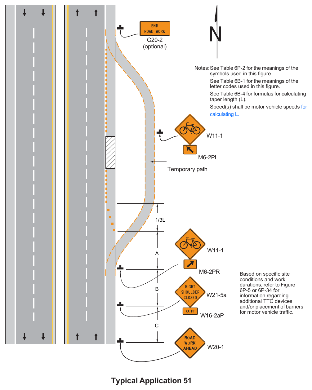 Figure 6P-51. Paved Shoulder Closure with a Bicycle Diversion onto a Temporary Path (TA-51)