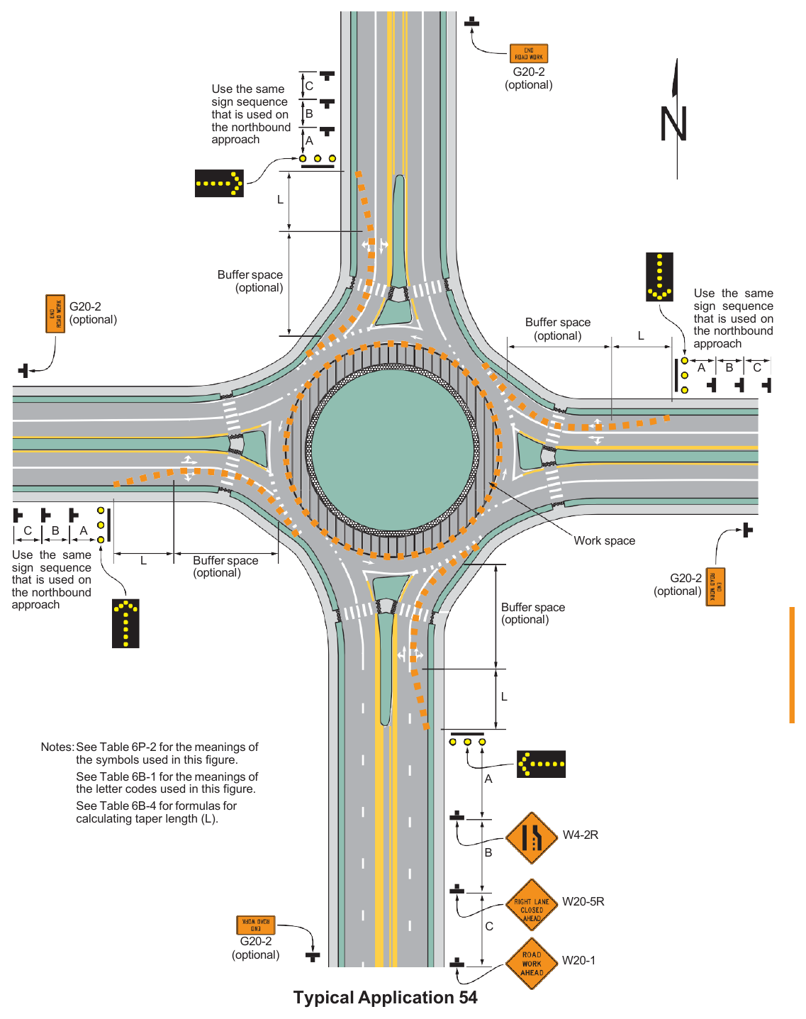 Figure 6P-54. Inside Lane Closure on a Multi-Lane Circular Intersection (TA-54)