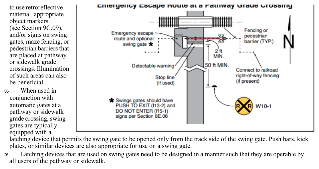 Figure 8E-6. Example of an Automatic Pedestrian Gate and an Emergency Escape Route at a Pathway Grade Crossing