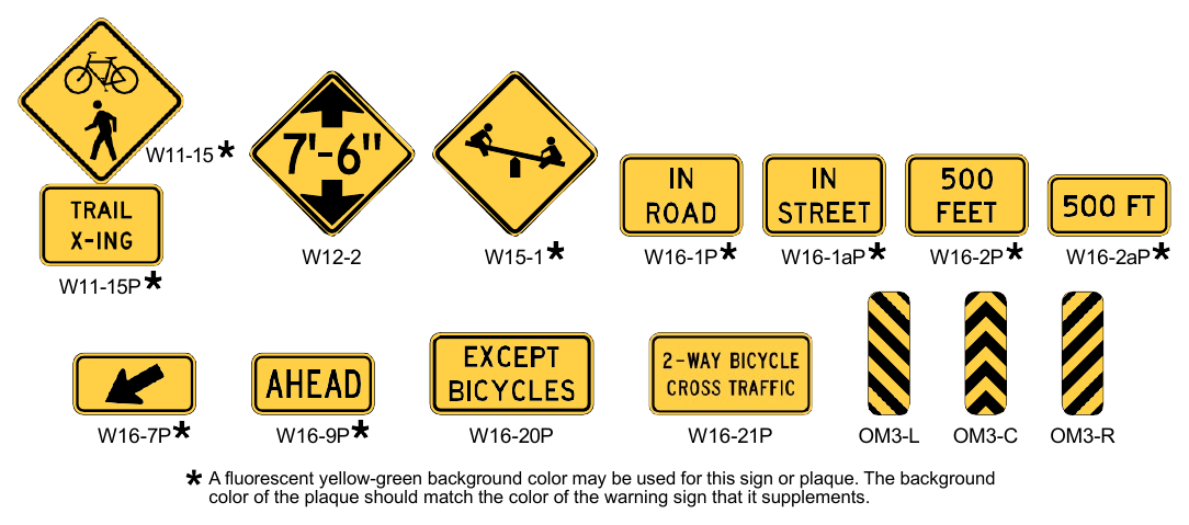 Figure 9C-1. Warning Signs and Plaques and Object Markers for Bicycle Facilities (Sheet 2 of 2)