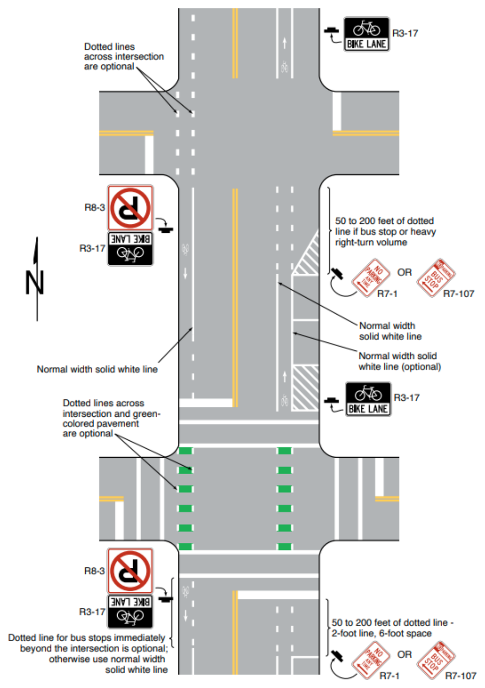 Figure 9E-2. Example of Pavement Markings for Bicycle Lanes on a Two-Way Street