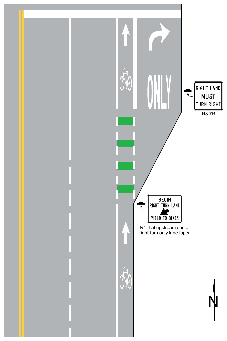 Figure 9E-3. Examples of Bicycle Lane Markings on an Approach to an Intersection (Sheet 1 of 3)