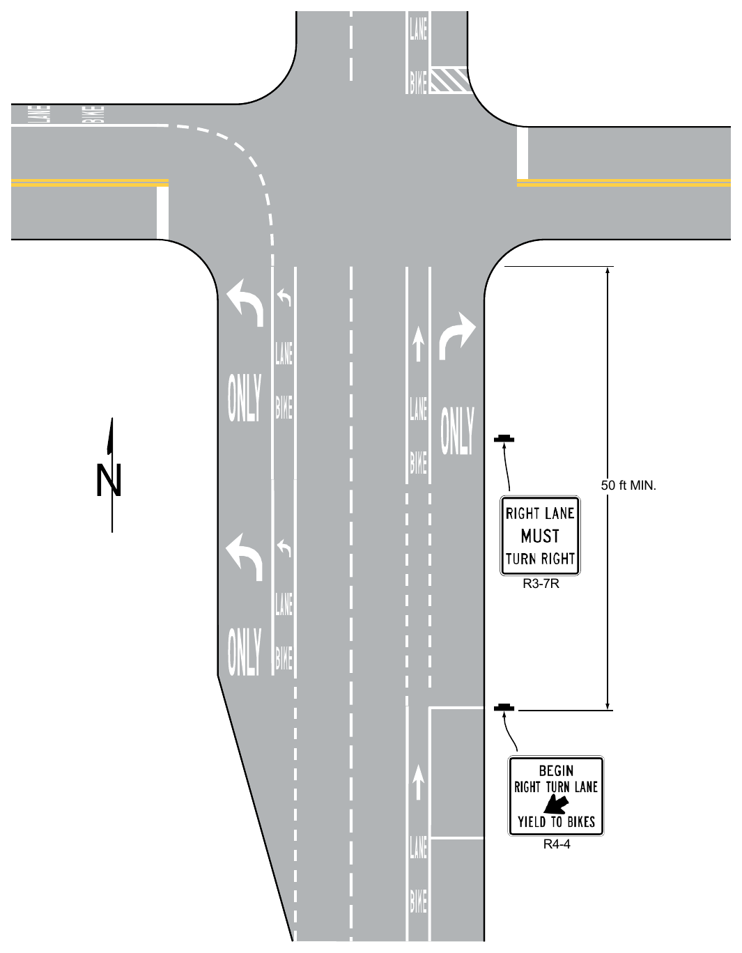 Figure 9E-3. Examples of Bicycle Lane Markings on an Approach to an Intersection (Sheet 3 of 3)