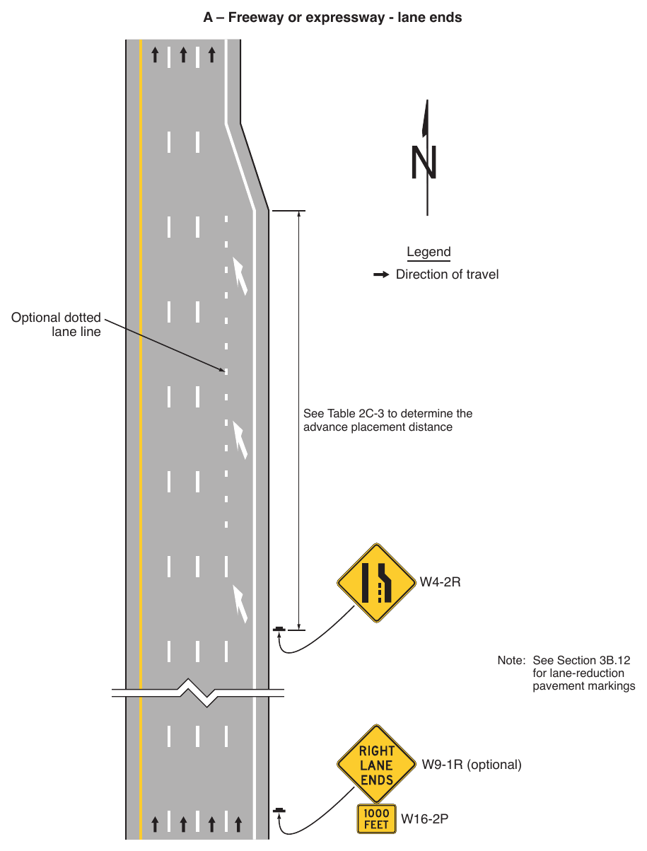 Figure 2C-13. Example Sequences for Lane Ends and Lane Merge Signs (Sheet 1 of 5)